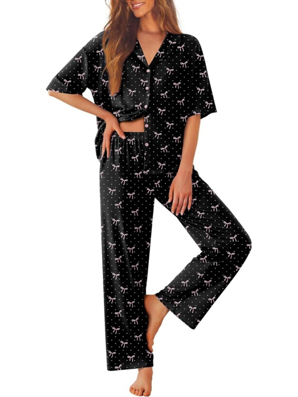 Women Black Pink Notch Lapel Short Sleeve Shirt Sleepwear with Long Pajamas Set